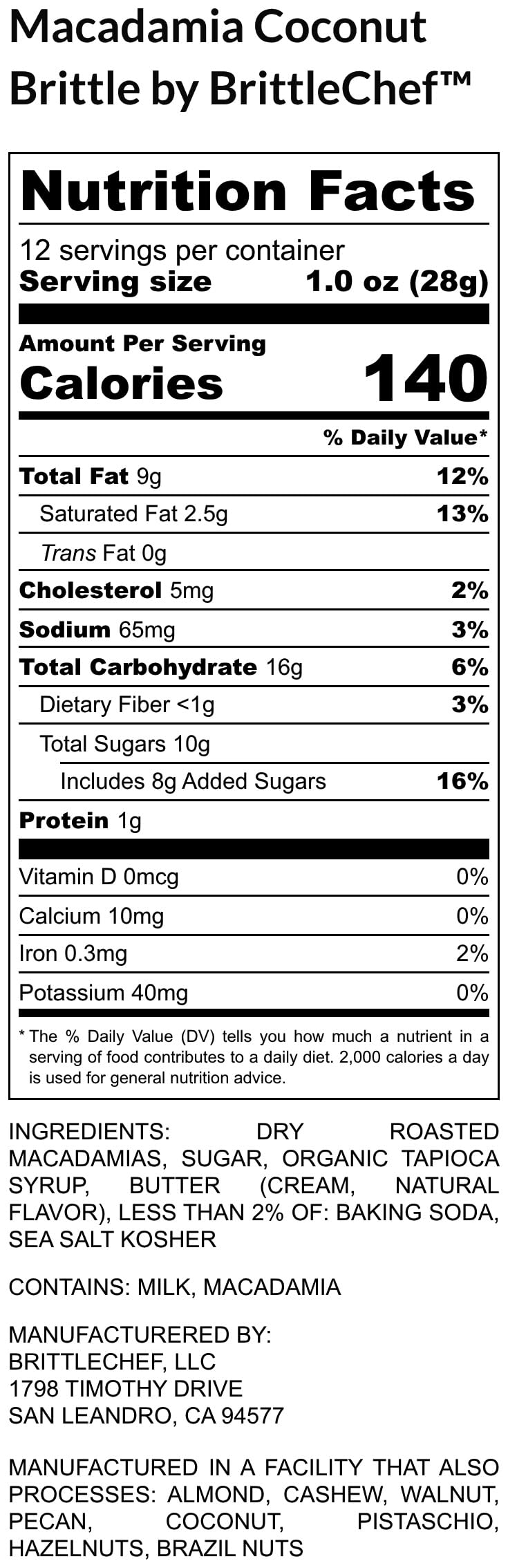 Brittle Chef Macadamia BrittleLux, Premium Nut Brittle Candy, 12 oz