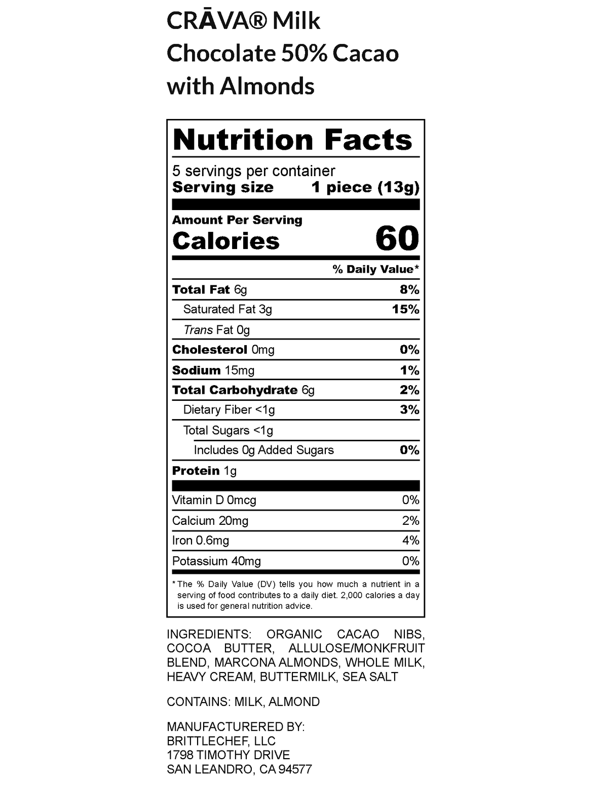 Milk Chocolate Bar with Marcona Almonds – Keto Friendly, Allulose Sweetened