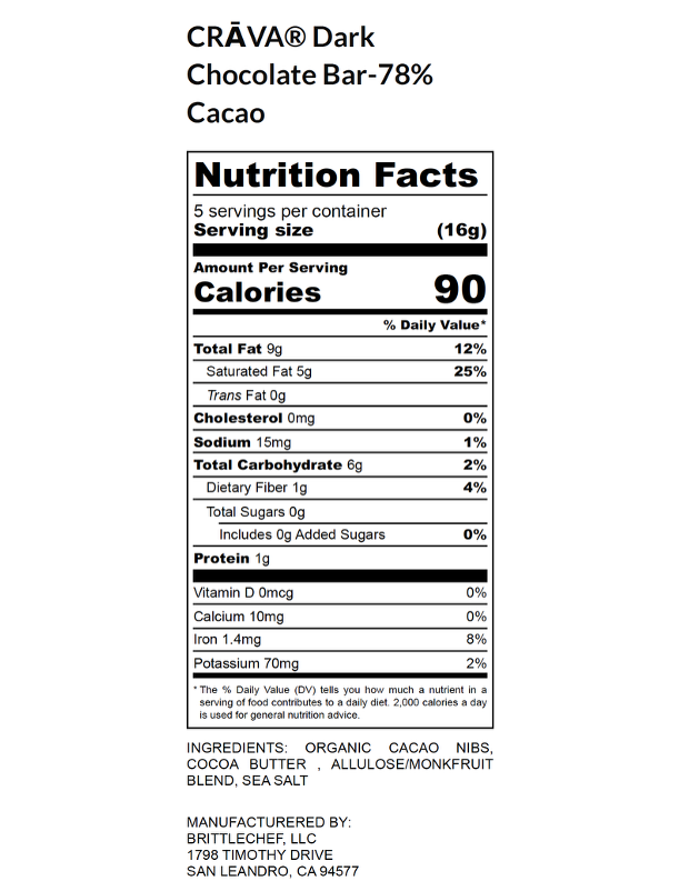 Dark Chocolate Bar, 78% Cocoa, No Added Sugar, Keto friendly