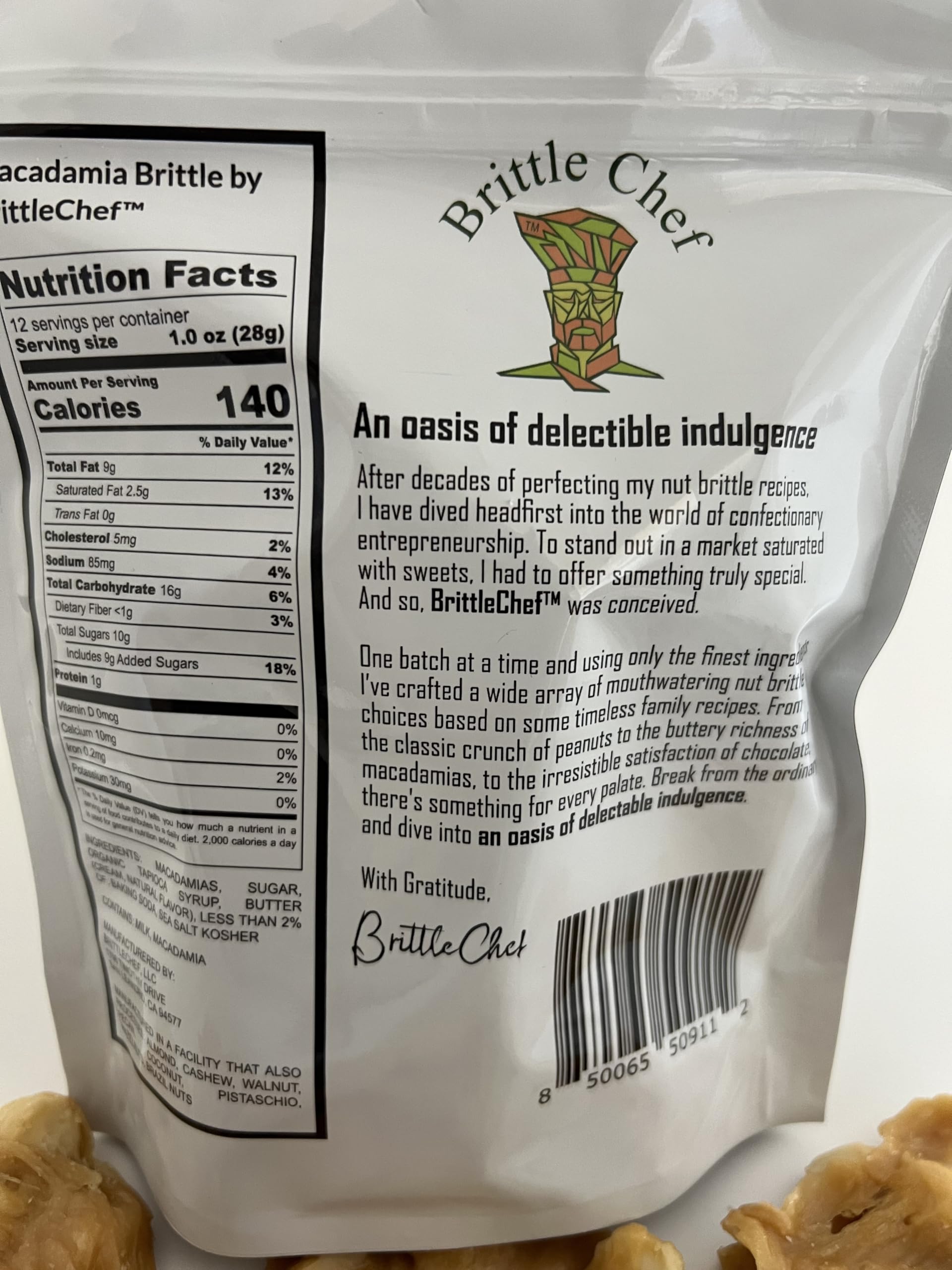 Brittle Chef Macadamia BrittleLux, Premium Nut Brittle Candy, 12 oz